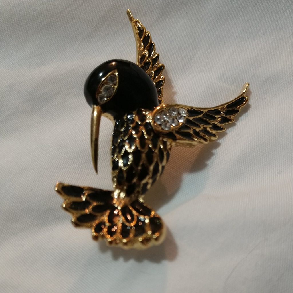 Vintage Brooch Sphinx Black Enamel Gold Tone Clear Rhinestones Hummingbird Pin.